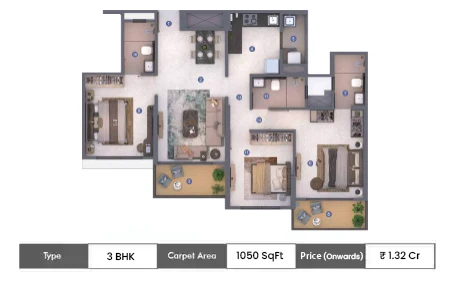 3 BHK 1050 SqFt